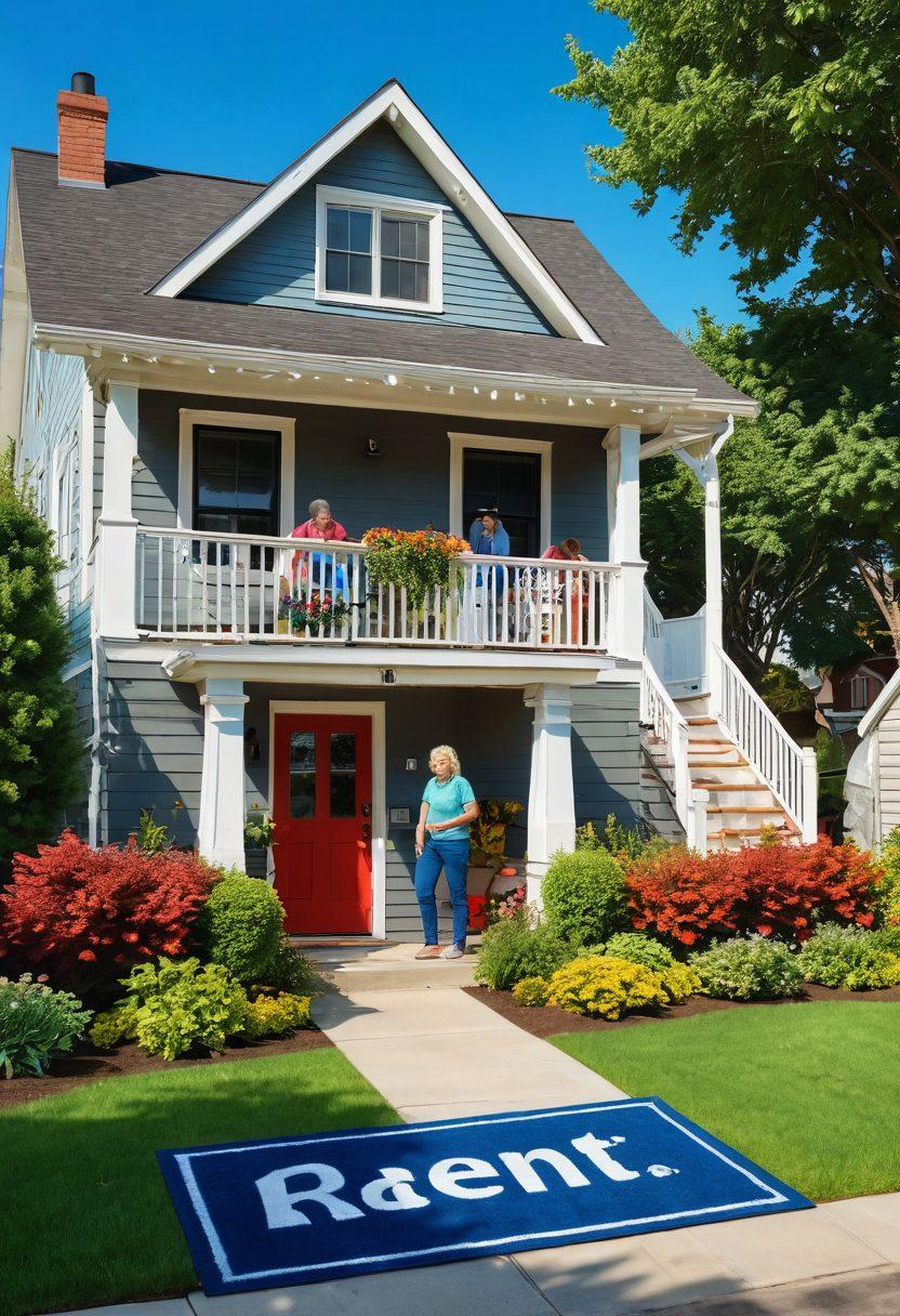 A cozy, inviting home with a welcome mat, surrounded by lush greenery, showcasing a diverse group of smiling people of different ages and backgrounds happily discussing affordable living options. In the background, a visible 'For Rent' sign and a cheerful sun in a clear blue sky to represent hope and opportunities. super-realistic. vibrant colors. warm tones.