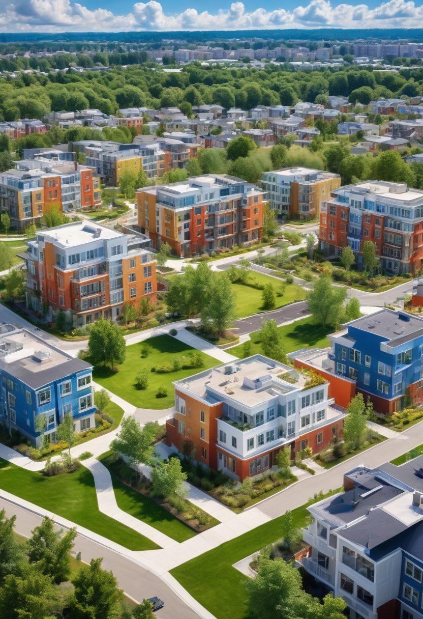 A vibrant city landscape showcasing various types of affordable housing options including modern apartments, cozy houses, and townhomes, with diverse families enjoying the community. Include lush green parks, and an inviting atmosphere that emphasizes inclusivity and accessibility. Bright blue skies with fluffy clouds that evoke a sense of hope and opportunity. super-realistic. vibrant colors. white background.