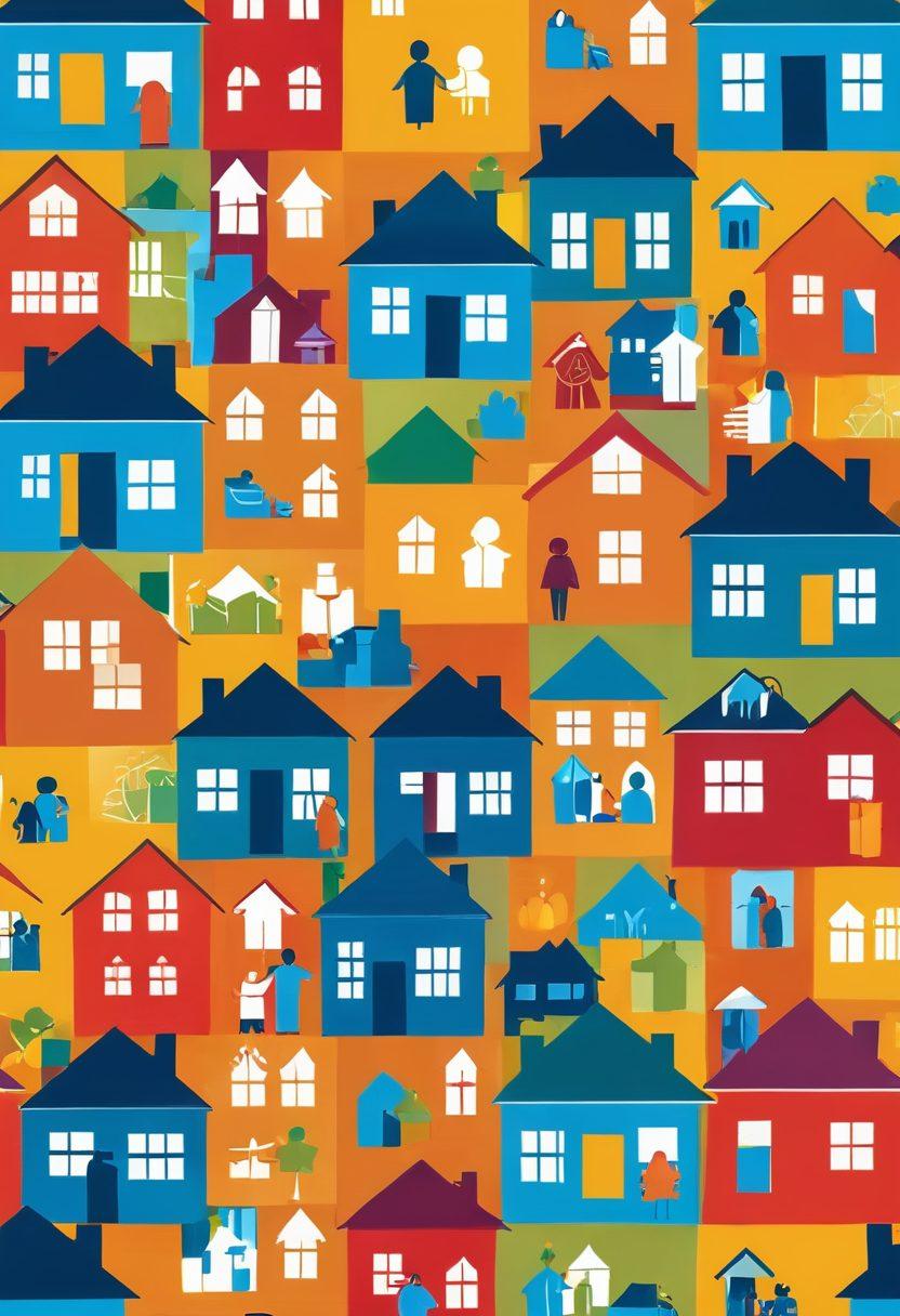 A visually engaging collage showcasing diverse families and individuals happily receiving housing support, surrounded by stylized icons of homes and vouchers. Include warm colors and a background depicting urban housing scenes, symbolizing community support and growth. Infuse elements of graphs and charts suggesting benefits and statistics, to represent the comprehensive look at the services. vibrant colors. vector art. 3D.